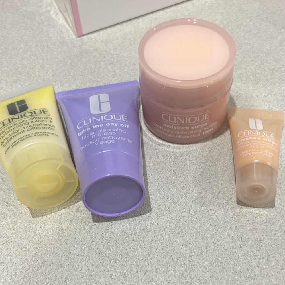 Clinique Skincare Essentials in Yellow, Purple, Pink, and Tan